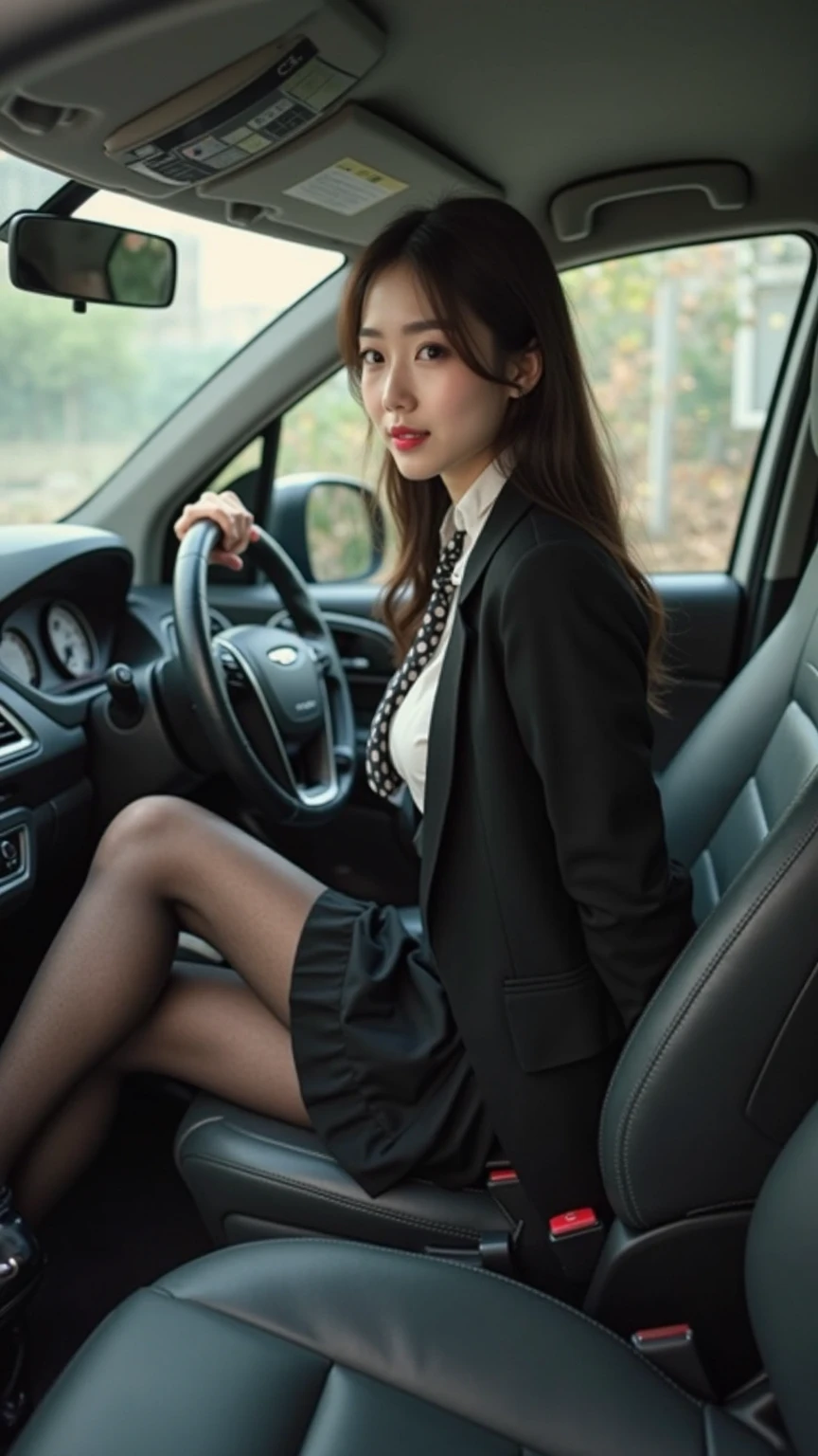 masutepiece, Best Quality, Illustration, Ultra-detailed, finely detail, hight resolution, 8K Wallpaper, Perfect dynamic composition, Beautiful detailed eyes, sexy underwear,Bob Hair, mid-chest, Natural Color Lip, Random and sexy poses,Smile,20 years girl、Colossal tits、In the car、passenger seat、Suits、Suit jacket、fishnet tights、perfect foot、perfect arms、Lower breast、 teats