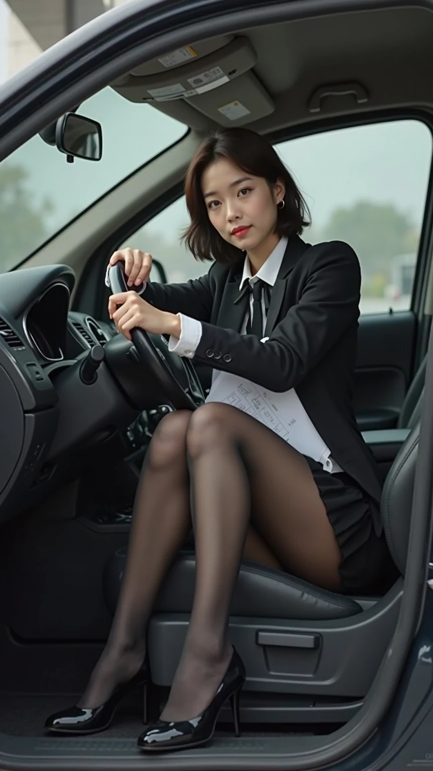 An Araved woman in a suit kneels next to the car, gorgeous chinese models, 480p, 4 8 0 p, Girl in suit, girl in a suit, Flavi Audi style, wearing a black noble suit, jia, emphasizing the feet,whitethighhighs,soft thighs,Glossy thighs,Kneel next to the Audi A6L car,Behind the car,Face-to-face perspective,(From the angle below),Kneel next to the car,Crotch zoom camera,Feet on the floor of the car showroom,full bodyesbian,looking at the viewer only", best qualtiy, hyper HD, (realisticlying:1.4), A high resolution, the detail, RAW photogr, Sharp Re, Nikon D850 Film Stock Photo by Jefferies Lee 4 Kodak Portra 400 Camera F1.6 shots, Rich colors, ultra-realistic vivid textures,