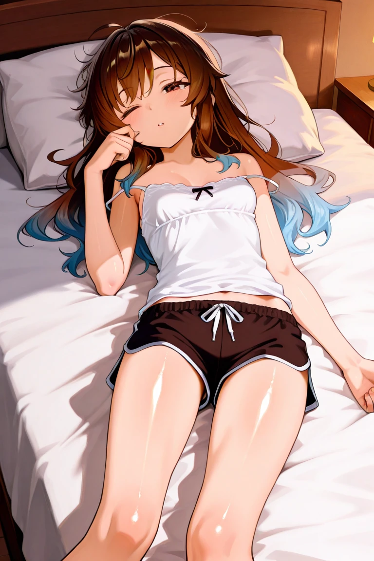 (Highest quality、Masterpiece、Very detailed、4K)、One Woman、17 years old、Brown Hair、short hair、(((Nakano Miku)))、headphone、chest、arm、((((Beautiful armpits))))、(Sleeping in bed)、((((White wrestler tank top))))、((Panties))、((Spread your legs))