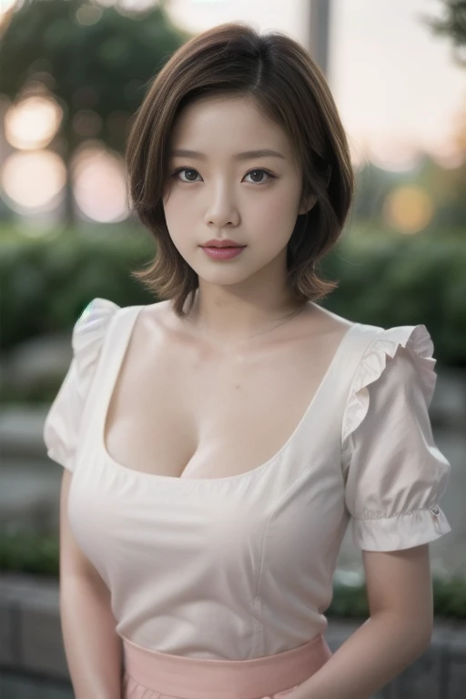 A girl named Yume, first-person view, Sunburst Flare, f/1.2, 50mm, Sony, Straight short Hair, Cinema lighting, Sony FE, masterpiece, super detail, 8k, realistically, quality, masterpiece, huge big breasts, nature, skin radiance, smile, 1080P, HD, 4K, 8k, floral dress