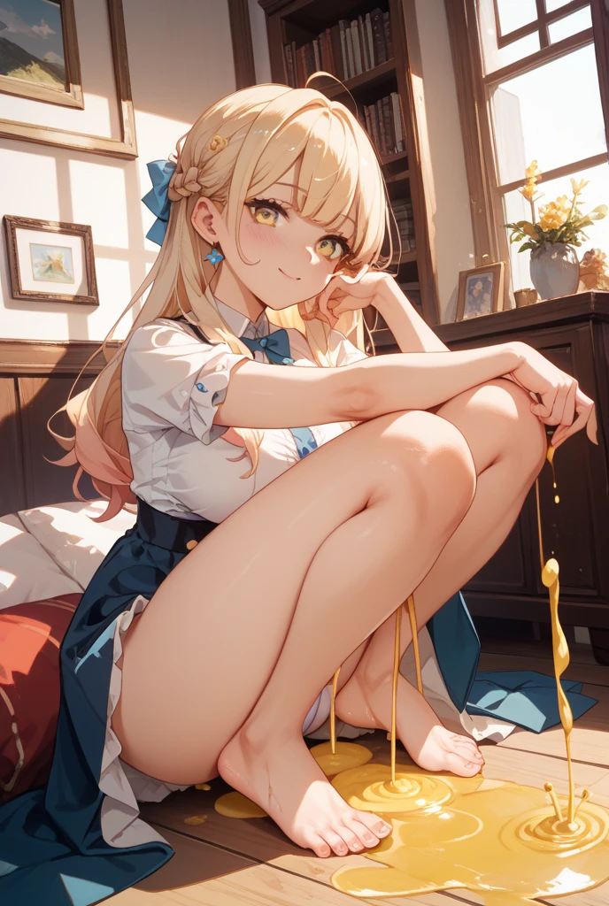 A girl with cute blonde hair wearing a wavy headband like Alice in Wonderland、I am sitting naked with my legs spread wide.。, showing her butt, anus, , and small nipples.。I do not wear underwear。Pose seen from below。are small。Pose that shows your anus。 and anus are spread。Spreading legs with both hands。take off the apron dress。Putting a in the anus、。NSFW、Turning the、anal open、Masturbation、