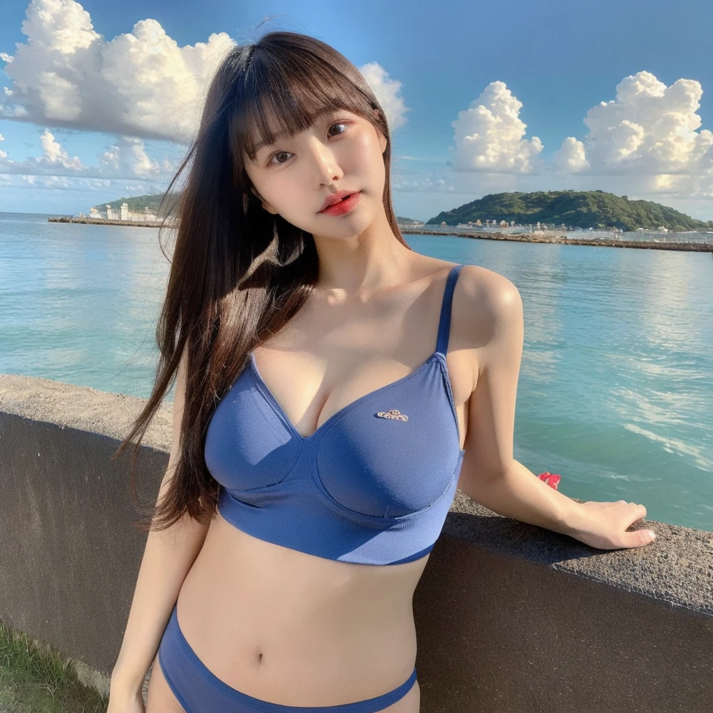 arafed woman in a blue bikini top and white shorts on a beach, wearing two - piece swimming costume, is wearing a swimming costume, blue bikini, in bikini, sling bikini, clothes: bikini, wearing pearl neon bikini, 2 7 years, 2 8 years, Yoshitomo Nara, Age 2 9 years, swimming costume