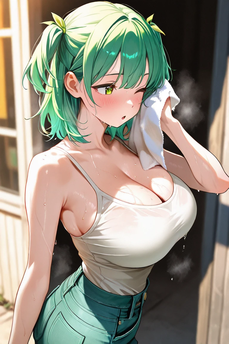 Girl with short green hair, The chest is medium, Green Eyes, 、(tits),Full body photo from head to toe,、cloth、(Clear Face)(Best Quality, High resolution, Super detailed),, (Vivid and colorful, The chest is clearly in focus),(Soft Breasts:1.2)、belly button、Sweatは白い色、Exposed chest,Full body photo from head to toe,、体中に白いSweat,Sweatだく、M-shaped legs,Yoga poses、stretch、Training wear、Spread your legs and stretch your legs、New Gymnastics、Hot Yoga、Steam-filled room、burn、Heavy breathing、Harsh posture、((Overbreathing))、Open your mouth、((Sweat))