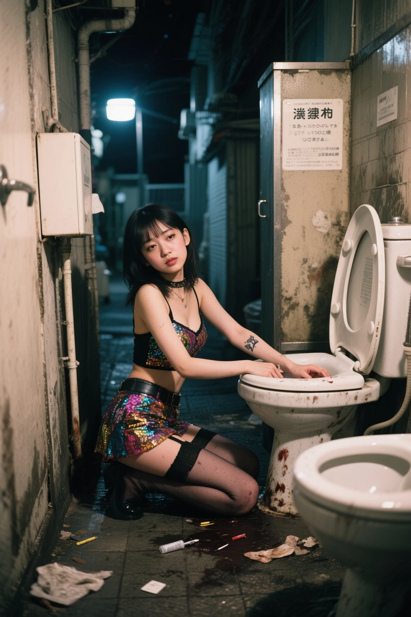 Japanese woman, glamorous, sexy, milf, dark skin, dirty room, messy room, ugly room, garbage house, lots of beer bottles
