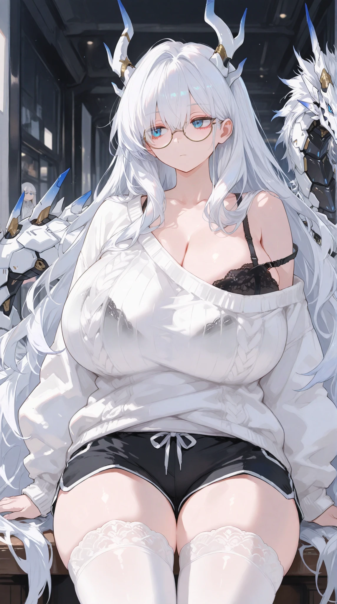 An 18 year old female angel with long, white hair, yellow eyes, white cat ears, and large white angel wings. yellow halo ring round white glasses (Black halter turtleneck, purekiller sleeveless sweater, backless sexy white dress.) white arm warmers hand touching lips, standing