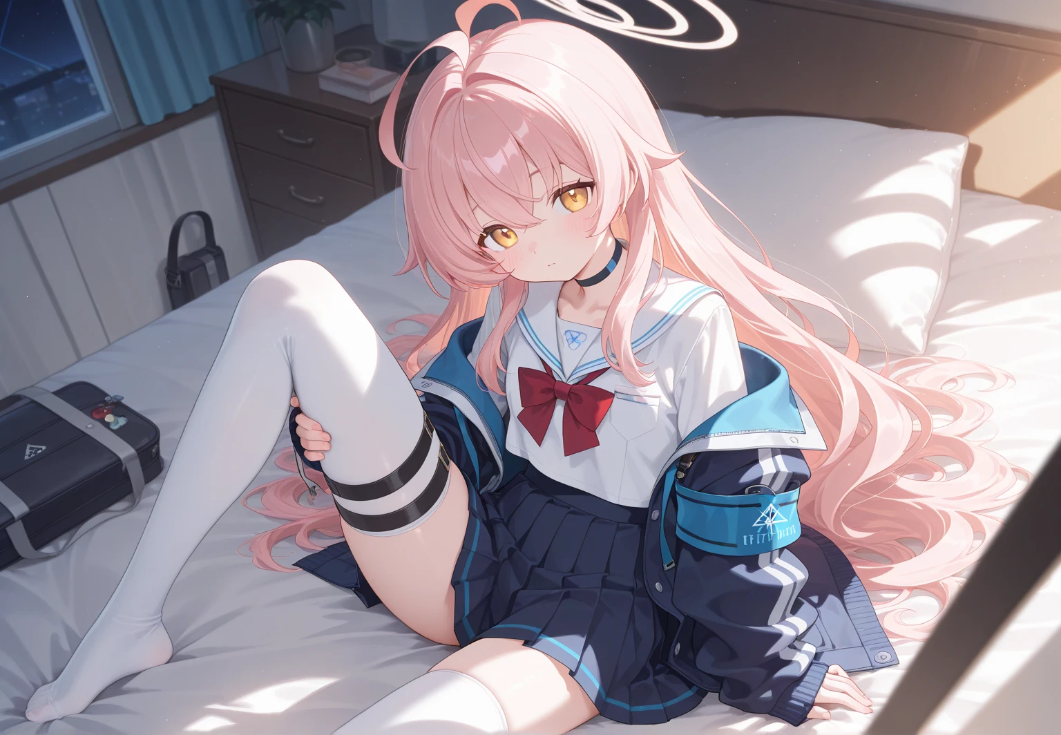 black pantyhose,loli,sailor,skirt,cute,lying,,pink hair,twintails,,shy,medium breasts