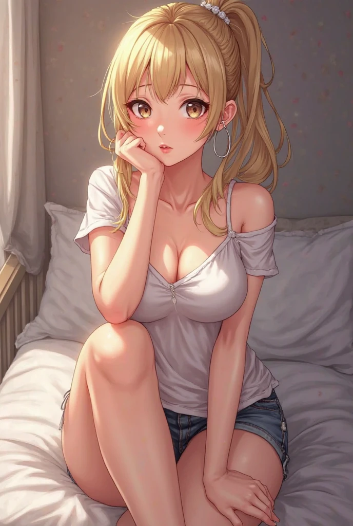 (brazilian-japanese woman,dark blonde hair,hexagonal face,1.65 meters,light brown eyes,fair skin,athletic body, small breasts, thick thighs, looking at the viewer, 45 gauge angle to the right, white dress shirt, black pants, ,lip piercing), oil painting,ultra-detailed,highres,realistic:1.37, portraits,soft color tones,warm lighting