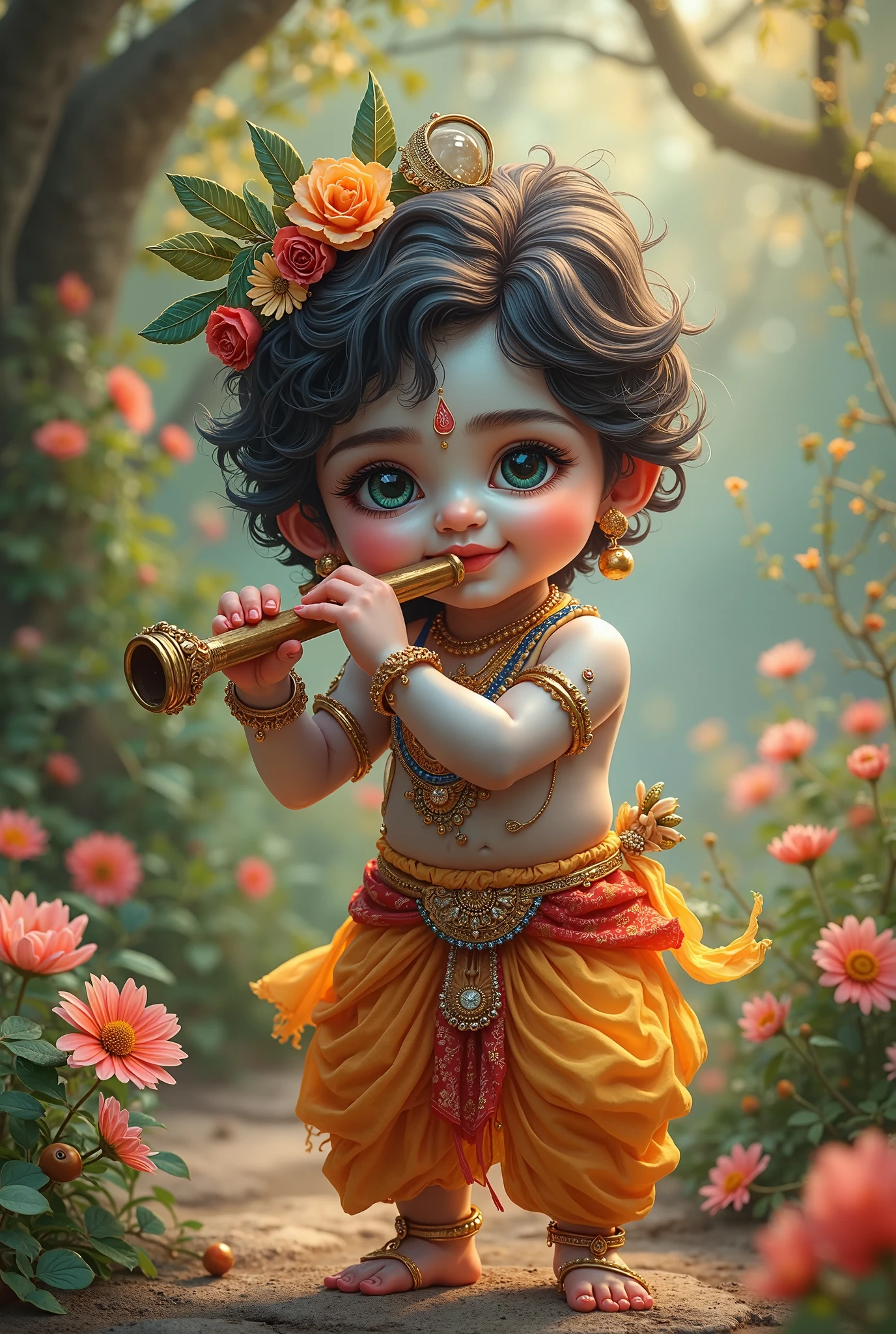Generate a full-body image of   Lord Krishna standing with smile face. He should have a cute face resembling Lord Jagannath, holding a flute in his hand. He should be wearing a beautiful garland around his neck, with a peacock feather on his forehead. Make sure his attire is very elegant and divine