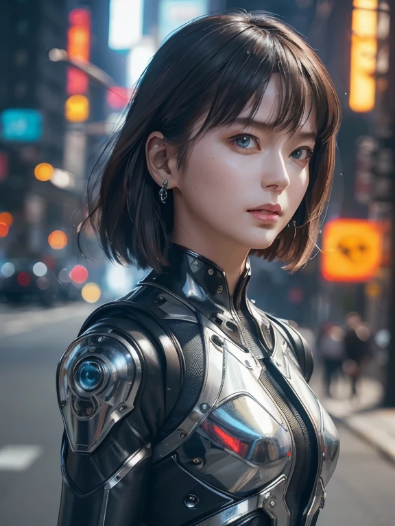 8k,Highly detailed illustration, Ultra-high resolution, masterpiece, Highest quality, Super Beauty,Skin with perfect radiance, Perfect lighting, Detailed lighting, Dramatic Shadows, Ray Tracing, 1 beautiful Caucasian woman, Looking at the audience, Very large breasts, Beautifully detailed hazel eyes, Sharp Face, Clear Eyes, Red lips, Long Bangs, Short Curly Hair, blonde, ((Cyberpunk Dark City)), Upper Body, Combat Uniform, Military Harness, ,masterpiece,Highest qualityのフォトリアリスティックなRAW写真。Bright colors,Rich colors, Backlight, Cinema Lighting, Film Grain, 50mm lens, Nikon D850,Detailed character art,Fantasy art,Ultra-high resolution,Ultra-Realistic Skin,Perfect hand shape,ダイナックなFightingポーズ,Knife action,Metal Armor,Fighting,Action pose,