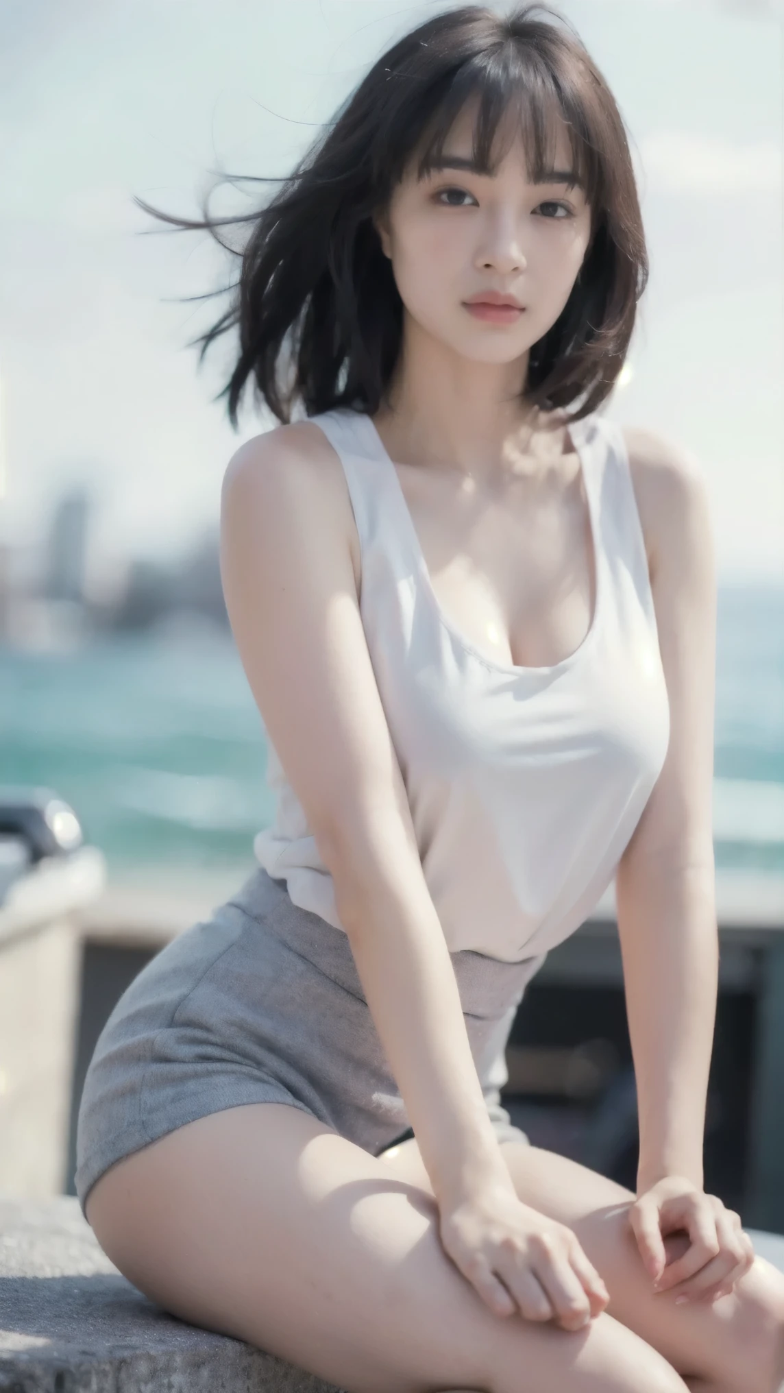 skyscrapers、Highest Quality,masterpiece,超high resolution,(Realism:1.4), original photo ,cinematic lighting,1 girl,backlit,ocean,big breasts, black tank top, Highest Quality,  8k Wallpaper, on the stage very well detailed, super real, sharp concentration in nude clothes, (high resolution:1.2), on the stage very well detailed,  smooth, sharp concentration in nude clothes.