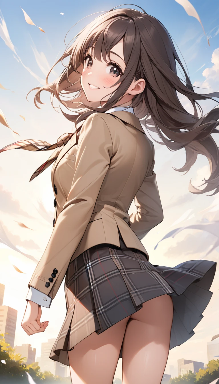 nsfw,((table top, highest quality, High resolution, nffsw, perfect pixel, 4k, nffsw, nffsw))), 1 girl, single, alone, beautiful woman、I could see the whole body、 ((middle wave hair, bangs, brown hair)), ((brown eyes, beautiful eyelashes, realistic eyes)), ((detailed face, blush:1.2)), ((smooth texture:0.75, realistic texture:0.65, realistic:1.1, Anime CG style)), medium breasts, dynamic angle, perfect body, ((red bow tie, , black jacket, open jacket, brown cardigan, white shirt, black skirt, plaid skirt)), city stairs、Looking up from the bottom of the stairs、Very embarrassing panic smile, looked back、lean forward、(The wind flipped my skirt and exposed my butt.........................、touch your butt with both hands、Random color floral lace panties)、