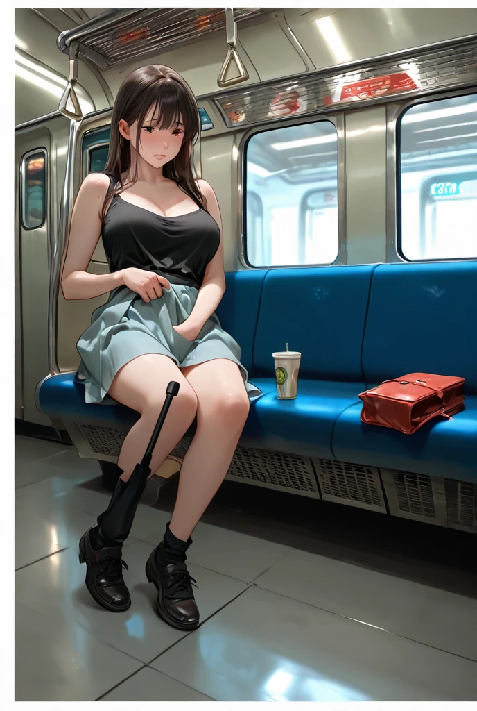 An excited girl waiting for the bus stop sitting naked showing her big breasts and tits