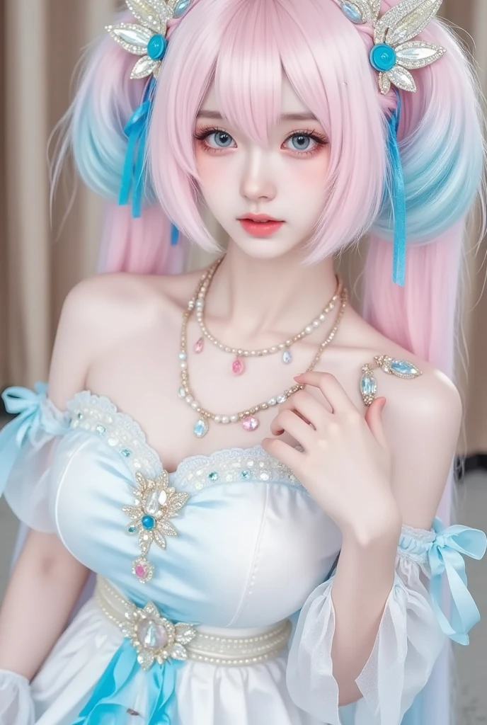Female imp with rainbow pastel hair, pale skin, pastel rainbow small horns located on the forehead, pastel rainbow puffy dress, large breasts, doll-like appearance