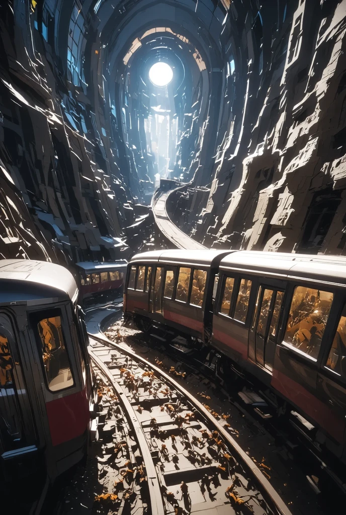 The subway that comes and goes through ant nests is filled with、RIDERSHIP RATE 120％ants, Detailed and complex ant nest structure, Three-dimensional subway network, Extremely small ants highlight a huge labyrinth,  A story that makes you flap your wings from a fixed concept, Dramatic lighting effects, Create a fascinating, vivid, and too absurd worldview hidden in the dark, 