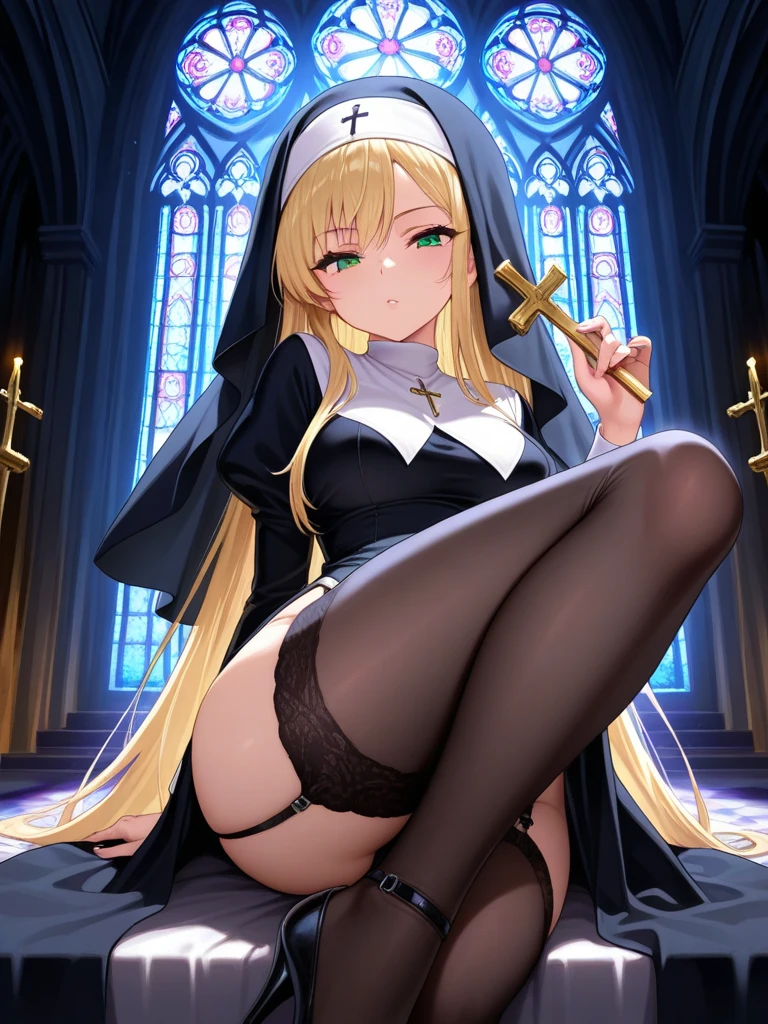 Blonde Hair Straight、Blue Eyes、Big eyes、She smiled gently.、Bondage Dresses、Pretty black outfit:1.5、Black Veil、Inside the church、 Early teenoderately sized small breasts、One Woman、slit、Exposed genitals:1.5、White mucus coming out of the genitals、Sweat、Spread your legs、NSFW、erotic、Sit