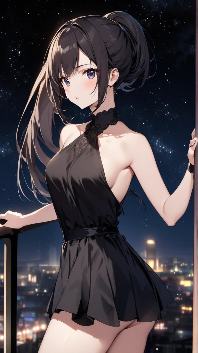 ((Biologically correct limb count))、(( Full-body photo including face))、4K、((Standing position))、masterpiece、((Focus on the face))、((Symmetrical facial features))、Eye for detailed depiction、Beautiful blue-haired woman、Excellent style、Beautiful clavicle、Beautiful feet、Beautiful Hands、Glamorous body、(stockings、garter belt、High heels）、Facial detailing、Small earrings、necklace、(No sleeve、Pleated skirt、Completely naked)、High heelsに照明を当てる、tie、sunny、(((Photo frame with white border)))、Seductive posture、((Looking up))、(Low - Angle、A camera angle that captures the inside of a skirt from below)、Silk gloves、(((Black Hair、The hair is golden)))、(((Moments of ecstasy)))、((Looking back))