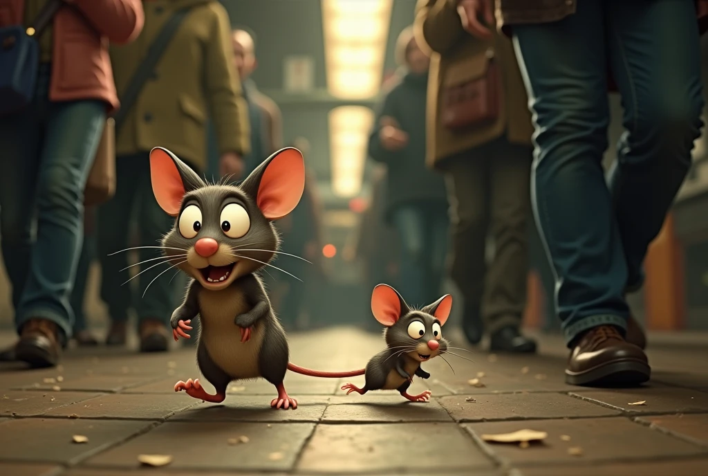 A subway story. Animated work. New York subway in the 1890s. There is a mouse in the station. A mother mouse and her are depicted scurrying around the feet of many people in a comical way. A work of art. A close-up of the mother mouse and her. A person's shoes pass nearby. A subway train stopping at the station is blurred in the background.