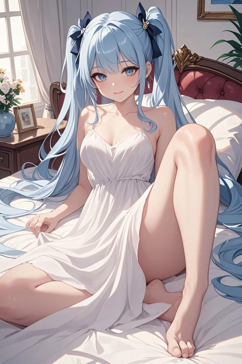a women, blue hair, blue eyes, white dress