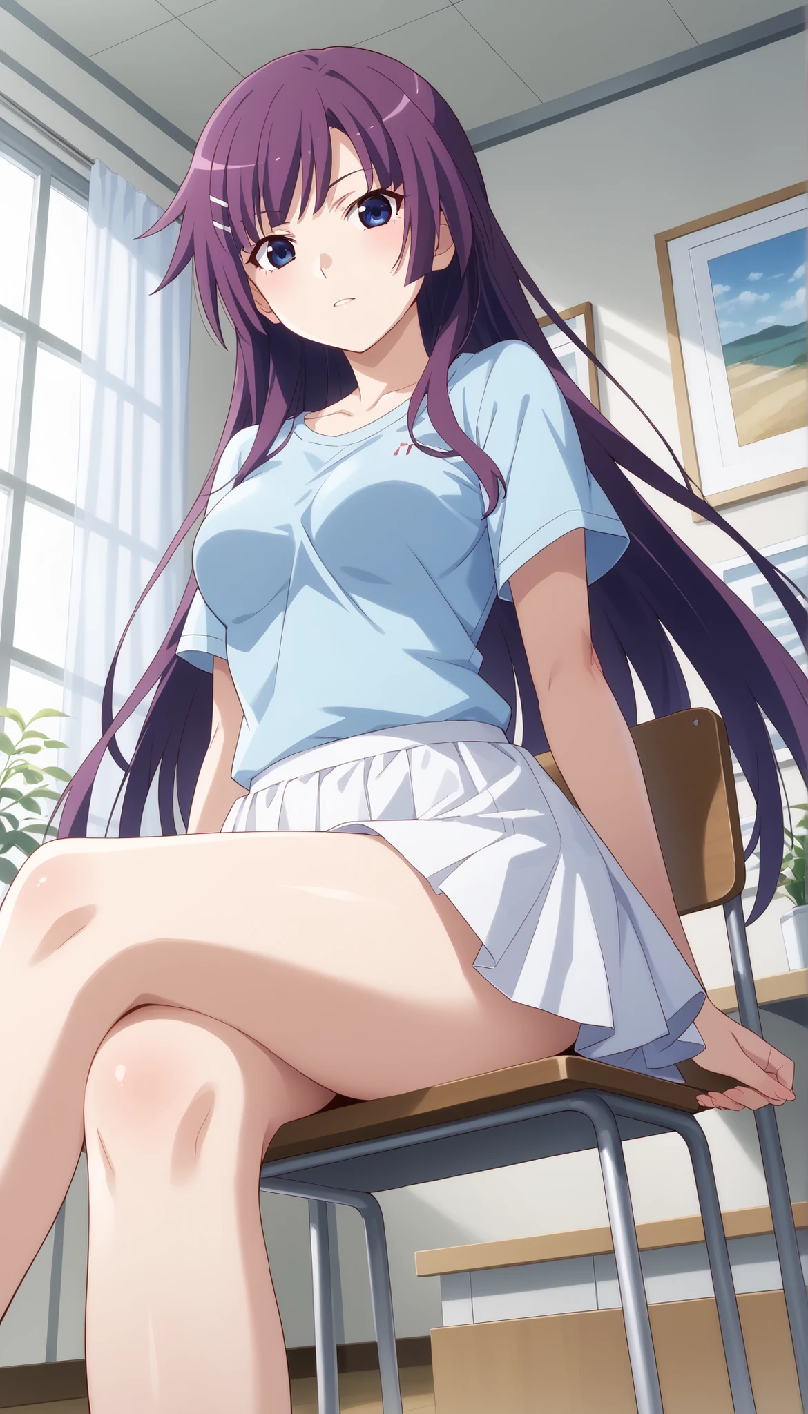 (((Ｍaster Peace))),(((High Quality))),(((Hitagi Senjougahara))),white skirt,light blue t-shirt from brown top,medium breasts,room,(((Leg crossed))),chair in the left hand examination room,purple hair,low angle,long hair,Ulchan-6500-v1.1, ( RAW photos :1.2), beautiful detailed, very detailed目 美しい目,beautiful eyes,Blue eyes,FILE SIZE IS LARGE, high resolution, very detailed, Highest Quality, [masterpiece:1.6], Awareness-raising, very detailed, CG, finely, Highest Quality, 8K wallpaper, perfect figure,Dynamic,very detailed,Slim and beautiful thighs