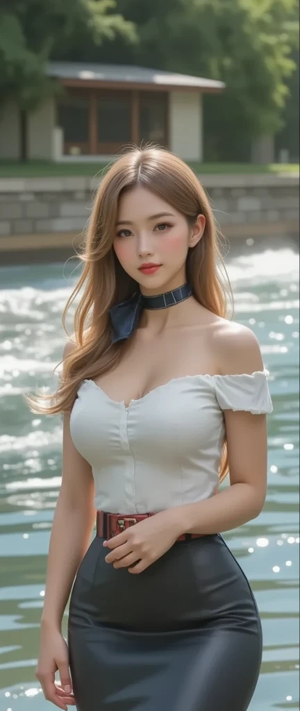 (, high resolution, Ultra Detailed, nffsw), On the table, best quality, SAMA1, Tira, Sailor warrior, White gloves, Red sailor collar, Red Skirt, Star necklace, Elbow groove, Pleated Skirt, Bare legs, Purple bow, Cowboy photoshoot, outdoor, Bokeh (85mm lens), Front camera, Gentle expression, wind blowing hair, fluffy hair, hair ((Brown)), Ponytail, Casual hairstyles, Blonde hair, Mole under left eye, Perfect body, Big breasts, Large Breasts, Top quality wearing hair ribbons, Earrings of top quality, garden,fountain