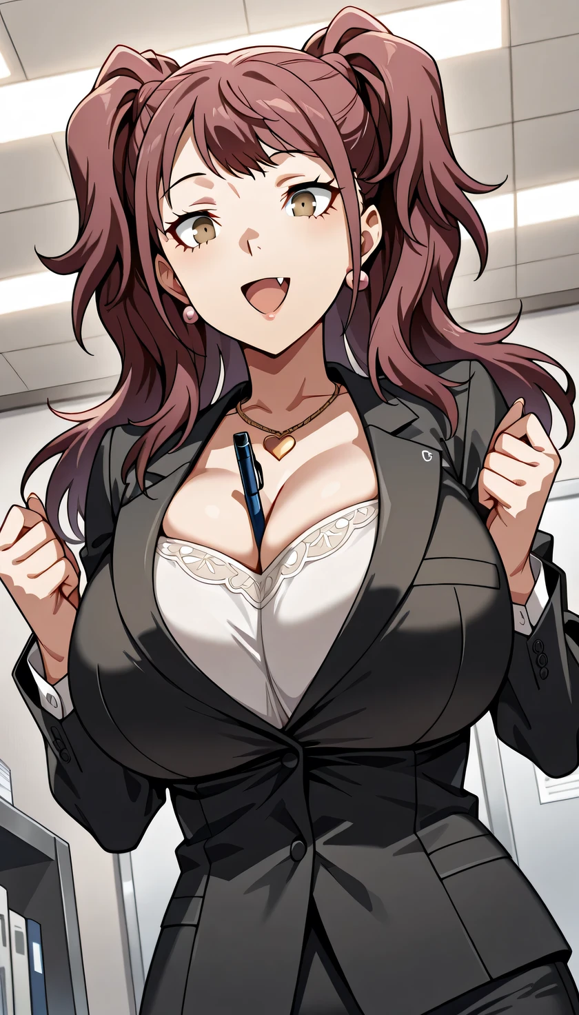 (masterwork, masterpiece, best quality, hyper-detailed), 1 girl, solo, p4rise, kujikawa rise, twintails, long hair, brown hair, earrings p4rise-sumcas, heart necklace, ,open mouth,fang,1girl, solo, slight smile, office lady, office room, indoors, professional light, dutch angle, gigantic breasts,bursting breasts,wear nerd glassesr,view from below,dynamic angle,pen between breasts,sexy pose
