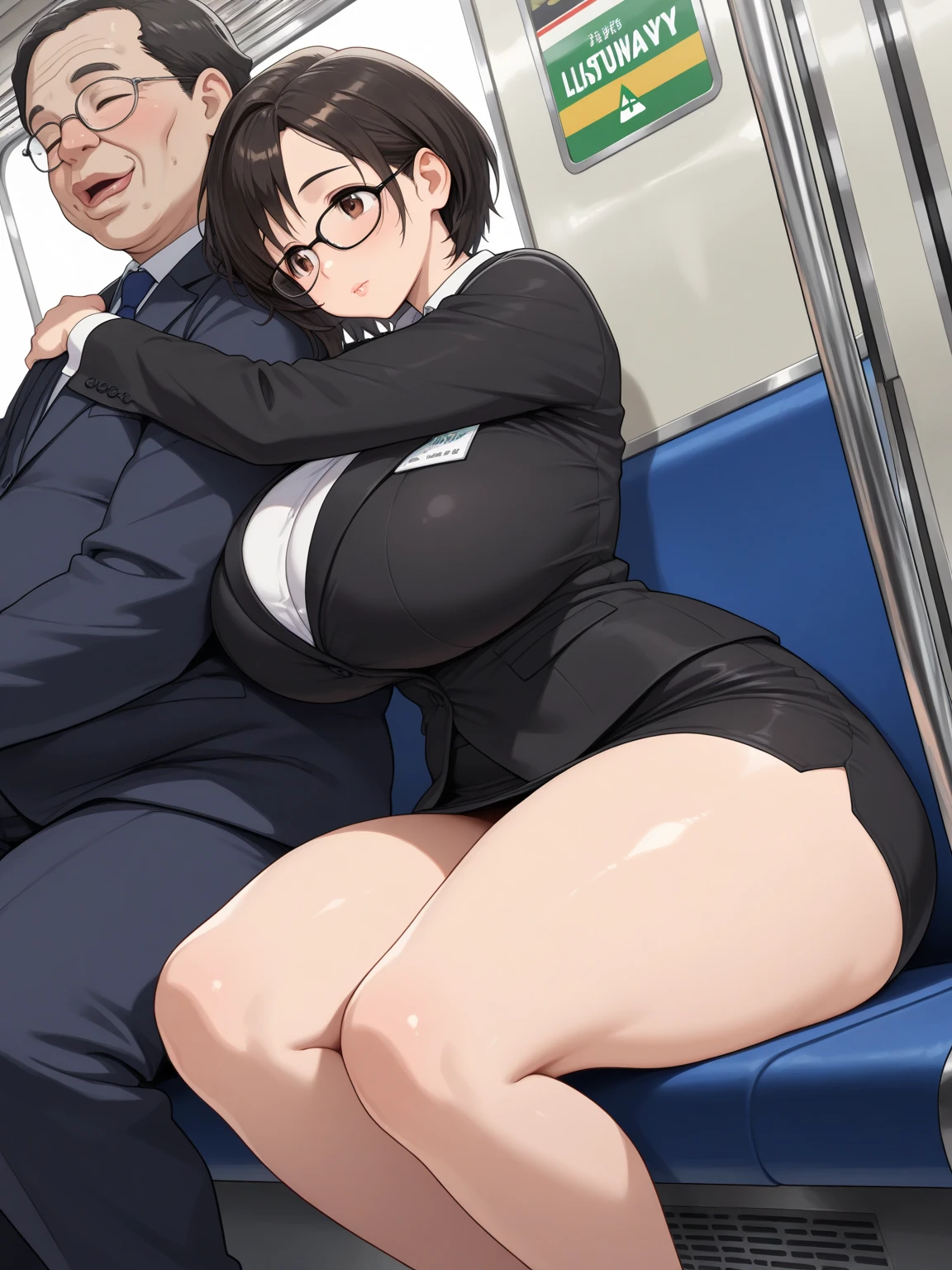 big beautiful woman sitting on tiny boy's shoulders