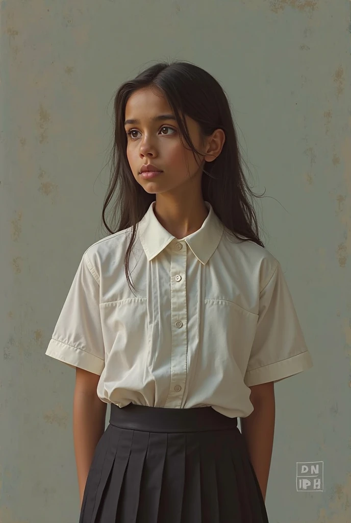 Young brunette slim busty 12-year-old girl. Dressed with a white blouse and s black pencil skirt