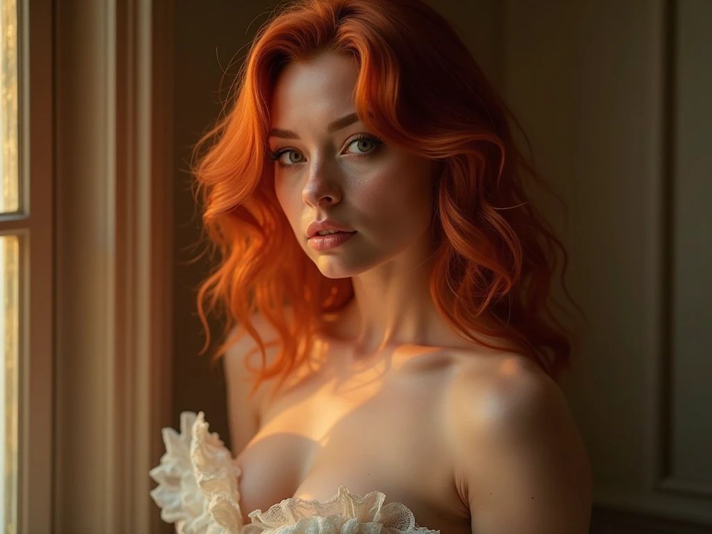 1girl,ssmile,frizzy hair, in dark, deep shadow, naked, new, sensuous, Megan Fox and Amber Heard mixed features, red hair, naked, new, sensuous, Megan Fox and Amber Heard mixed features, red hair