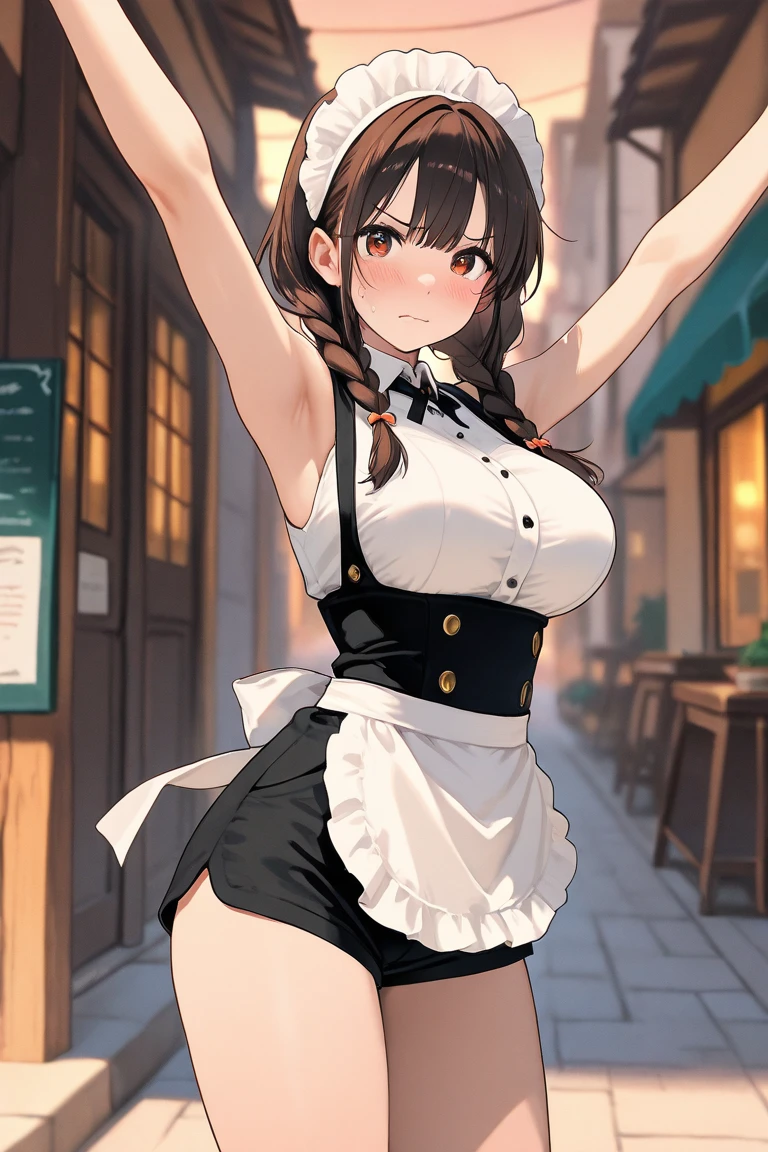 Realistic, Masterpiece, best Quality, perfect anatomy, (Detailed Eyes), One High School Girl, Huge breast, Sweat, night, outdoor, bustling restaurant, micro bikini tucked in, string only micro bikini, ponytail, earrings,  white apron,  puffy short sleeves, between breasts, small tray, center opening,  bow tie, pelvis curtain, (wide hips), shy smile, embarrassed, (look up), short maid skirt, maid headdress, (whipped cream on breast)