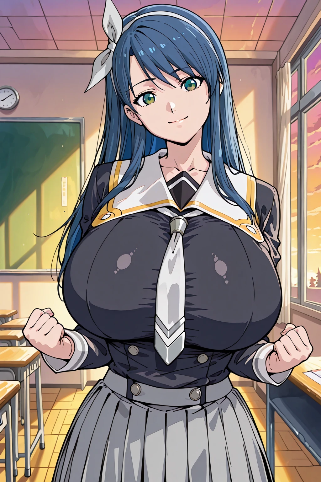 ((Tabletop, Highest quality, High resolution, Pixel Perfect, 4K, Browsing Caution)))、1 Girl, Beautiful woman、(((Muscular)))、((Bobcut、Blunt Bangs、Black Hair)), ((Yellow Eyes、Both eyes closed、Beautiful eyelashes, Realistic eyes)), ((Detailed face, blush:1.2)), ((Smooth texture:0.75, Realistic texture:0.65, Realistic:1.1, Anime CG Style))、Big nipples、((Huge breasts、Swollen nipples、Thick thighs)), Perfect body、Daytime Town、((((:d、blush))))、((Sweat))、(Hands on chest、Kneel)、(Blue Jacket、Navy Blue Leotard)、Police Hat