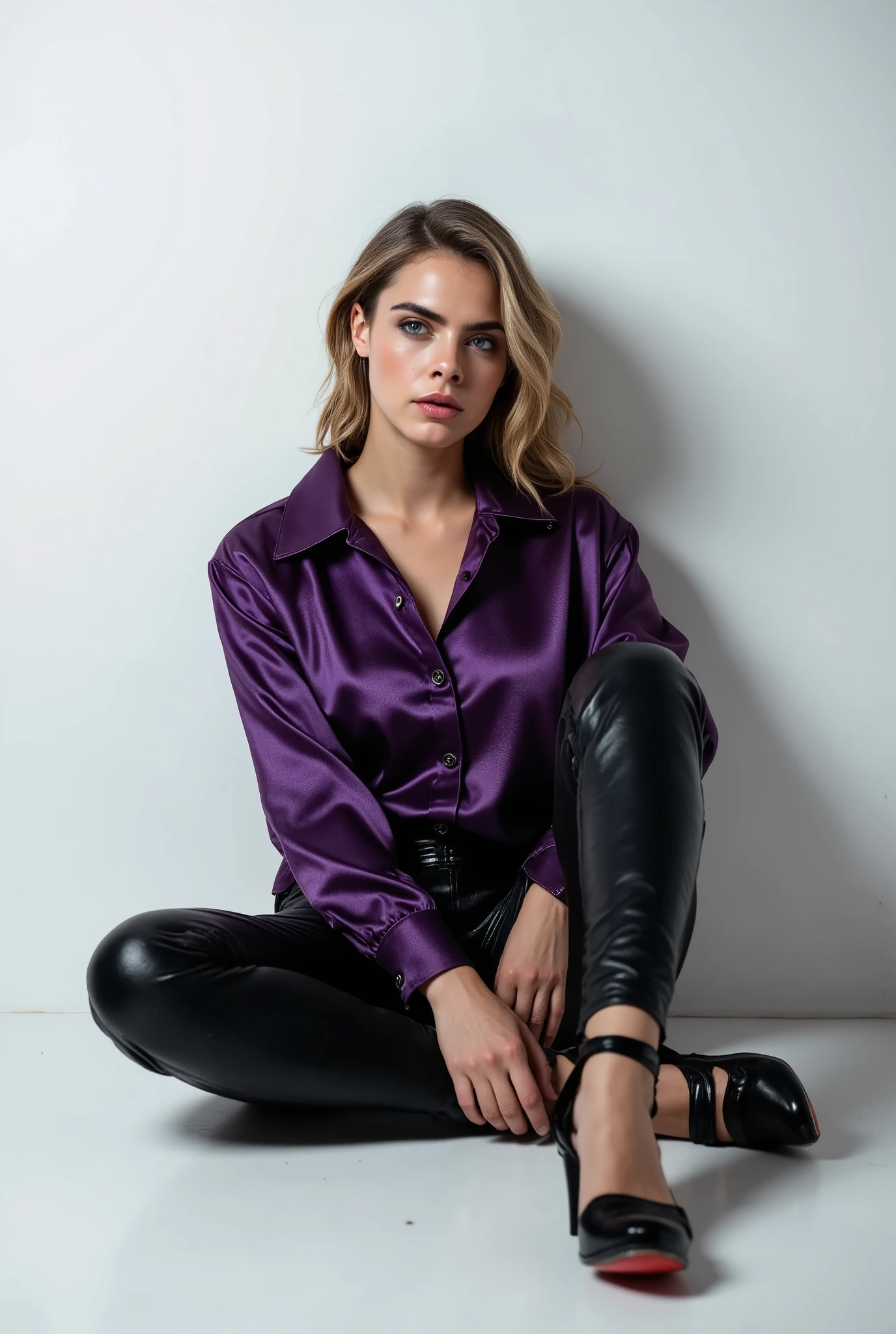 arafed woman with a sexy shiny purple satin button down shirt, light subtle makeup, black leather pants, seductive, white studio background, She is seated on the floor against a plain white wall, with her legs bent and her feet extended towards the camera. She is wearing Louboutin high heels. Her facial expression is neutral, with a slight tilt of her head and a direct gaze into the camera, creating a sense of introspection. The background is minimalist, consisting only of the plain white wall, which draws focus to her and her attire. The lighting is soft, casting subtle shadows that enhance the texture of her clothing and the ruggedness of her high heels. The image has a gritty, urban aesthetic, emphasizing the juxtaposition of her stylish yet edgy attire with the stark simplicit, dark blonde hair