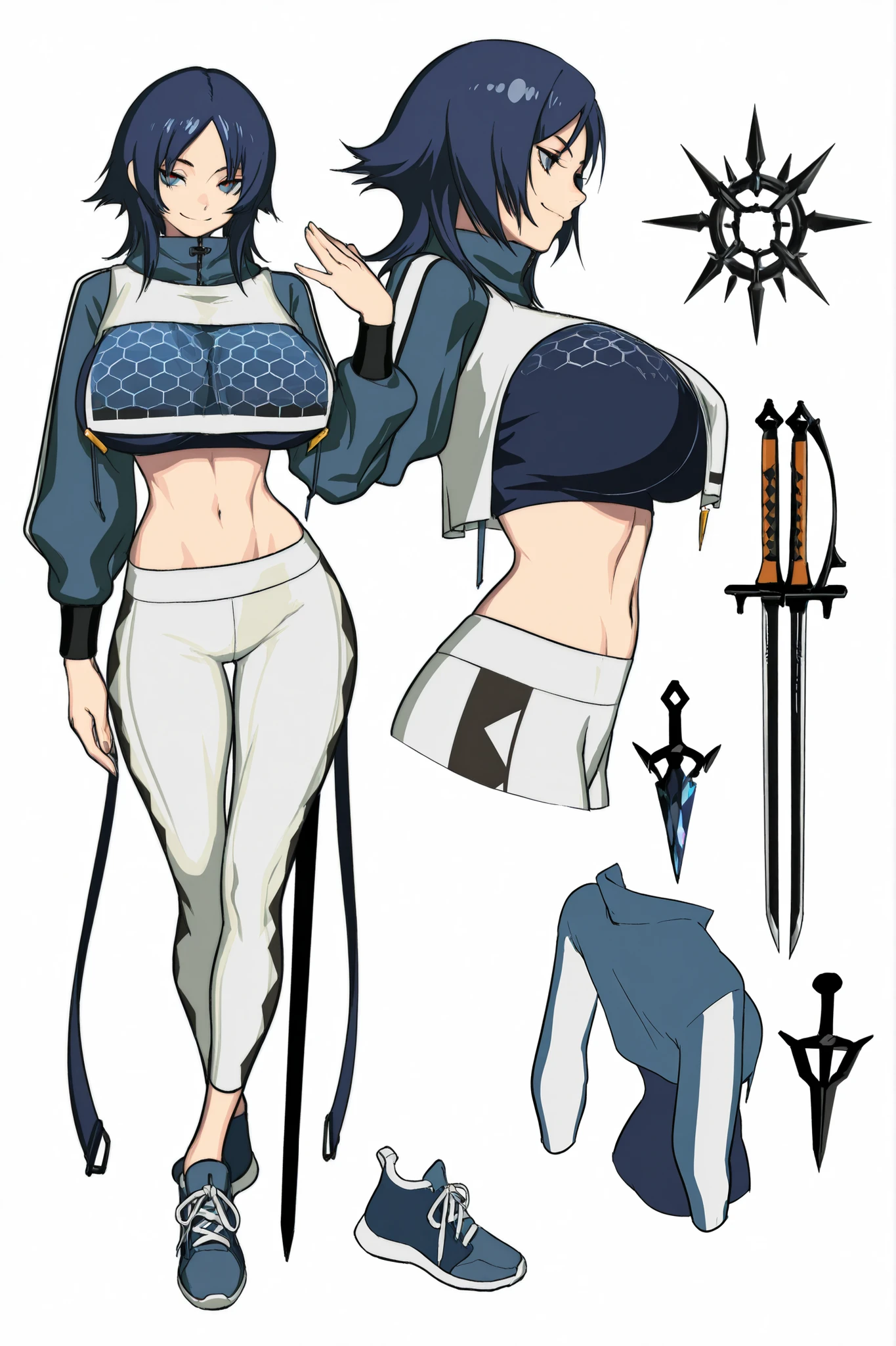 ((arknights),elite_ii_(arknights),character sheet, cel shading,original,ArkElite2, transparent background, white background, upper body), {artstyle: iwao178,nia4294,henriiku (ahemaru),(ryuuzaki ichi),ilya kuvshinov,professional artist,detailed anatomy},{masterpiece, best quality},young girl,adult,1girl,solo,(huge breasts:1.2), narrow waist, linea alba,navel, slim body, tall body, slim legs,shrug (clothing), cropped shirt, ((breast curtain)),midriff, layered clothes,long sleeves, layered clothes, jacket, blue shirt, white shrug,yoga pants, white pants, blue trim, hexagon print, blue shoes, blue eyes, blue hair, medium hair, curtained hair,parted bangs,smug, seductive smile, partial background, unfinished background, hand up, open hand, floating crystals, crystallized weapons, crystallized swords, crystallized spears, road