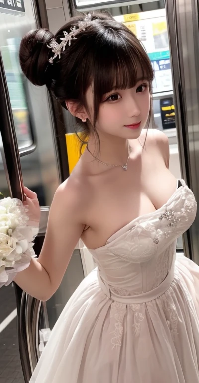(Woman in V-neckline wedding dress), wearing a huge diamond necklace, sitting on a black Harley Davidson on a city street, posing for a photo, very small breasts, long legs, very detailed, (big warm smile), (black bob cut)