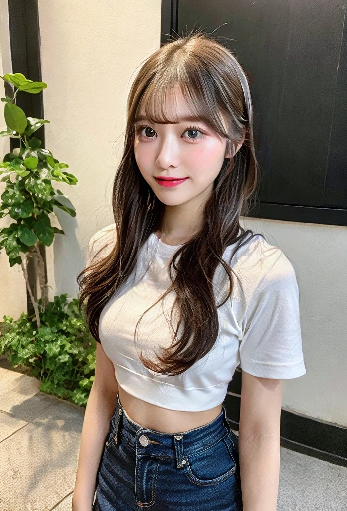 8k、highest quality、Like a real photo、masterpiece、Product quality, One Girl,, Young and beautiful woman in Japan, Long Bob Hair, attractive appearance,, High resolution, High detail, Detailed hairstyle, Detailed face, Great cinema lighting, Octane Rendering, Vibrant, Ultra-realistic, Perfect limbs, Perfect Anatomy、17 years old、Cat ears on the head、her hair is light brown.、Cool clothes、In the background is a cafe terrace、A human who is a mix of a cat and a girl、Natural color lip、Attractive eyes、Cat color'The ears are dark brown.、Eye color is blue、the ears are hidden by the hair、Double teeth、Yawn