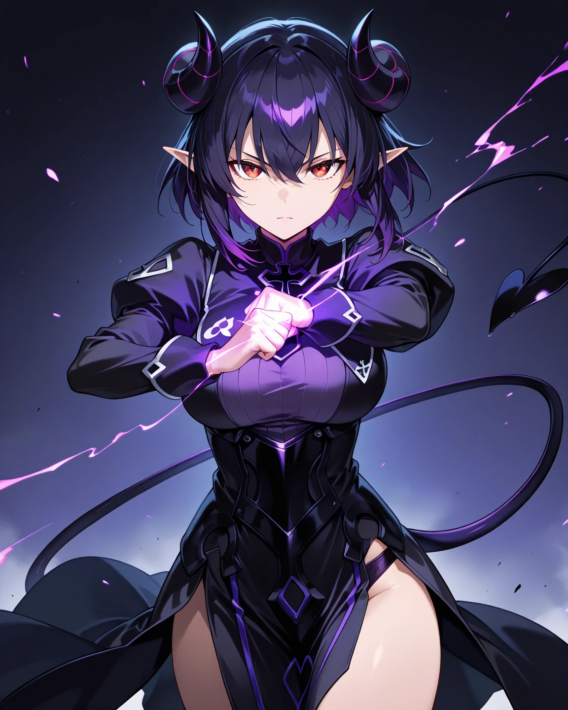 Anime girl, purple hair, black dress, moe art style, giant shadow demon in background, sexy, tight dress, cleavage, purple shadow energy exploding from hand, skinny, small waist