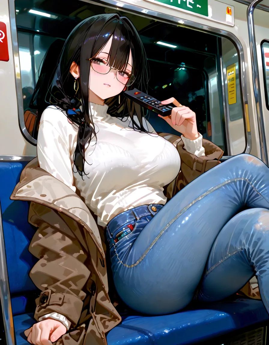 Korean sexy girl, (28 years old), in the train, evening, shorts, glasses, happy expression, (focus from below), (masterpiece, best quality, extremely detailed, hyper realistic)