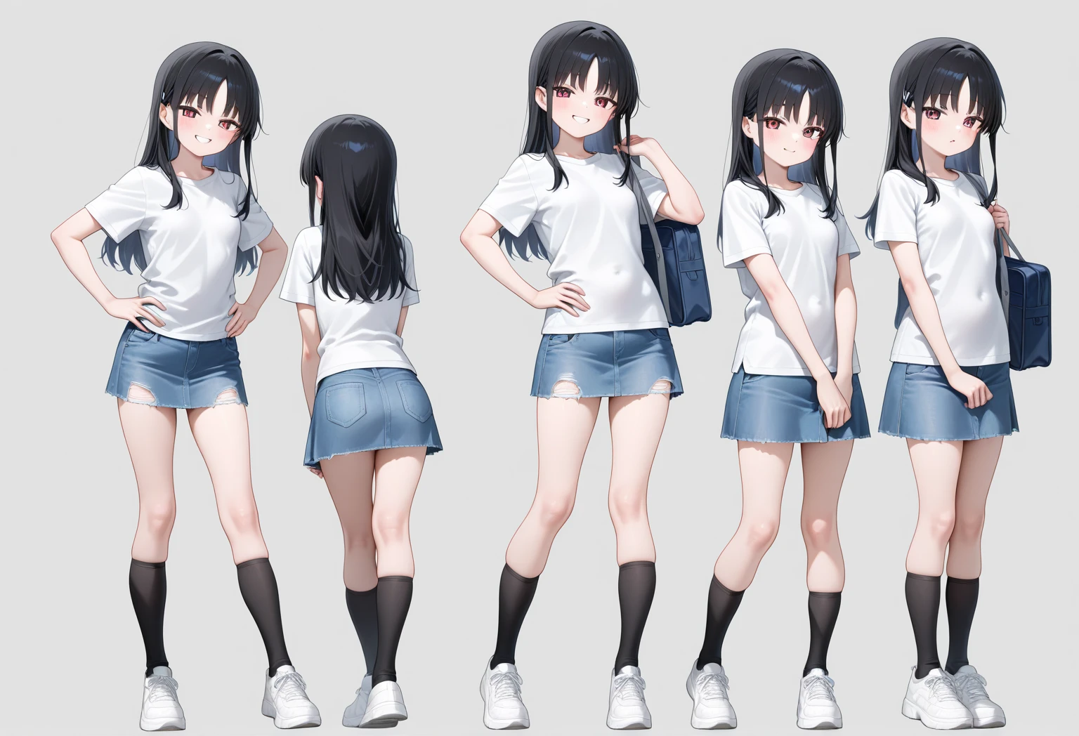 ((Gray background、Character only,three sided view))、in 8K、top-quality、1People's18Year old girl, (character reference sheet、Dress the same,Front Angle、Side Angle、Rear Angle),full body Esbian、hi-school girl、Long Black Hair、a sailor suit、(Black knee socks、lowfers)