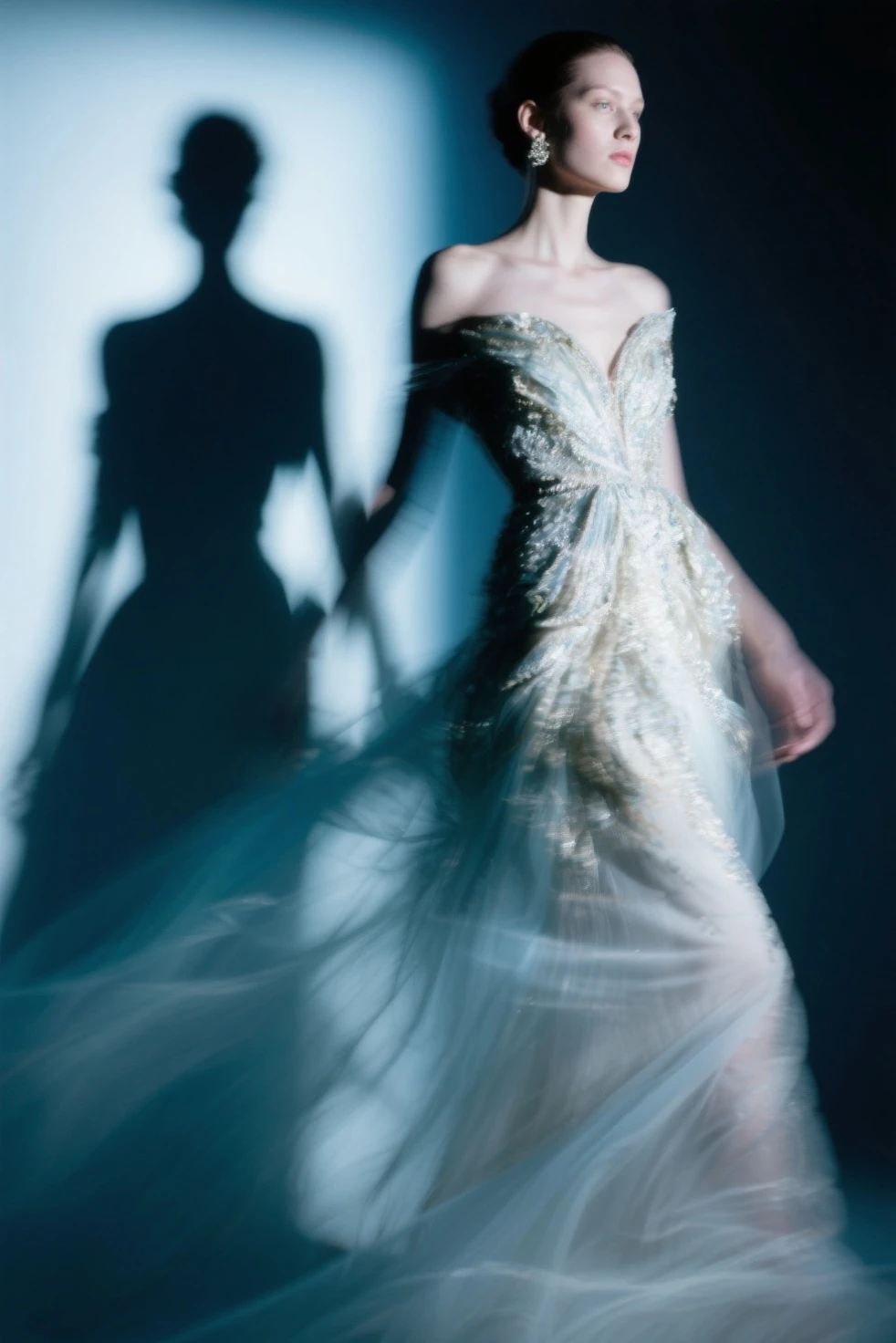Close up shot, zoomed in shot, 1920s Hollywood glam gown, Translucent ethereal jellyfish clothing, ultra detailed features, symmetrical details, 48K clothing details