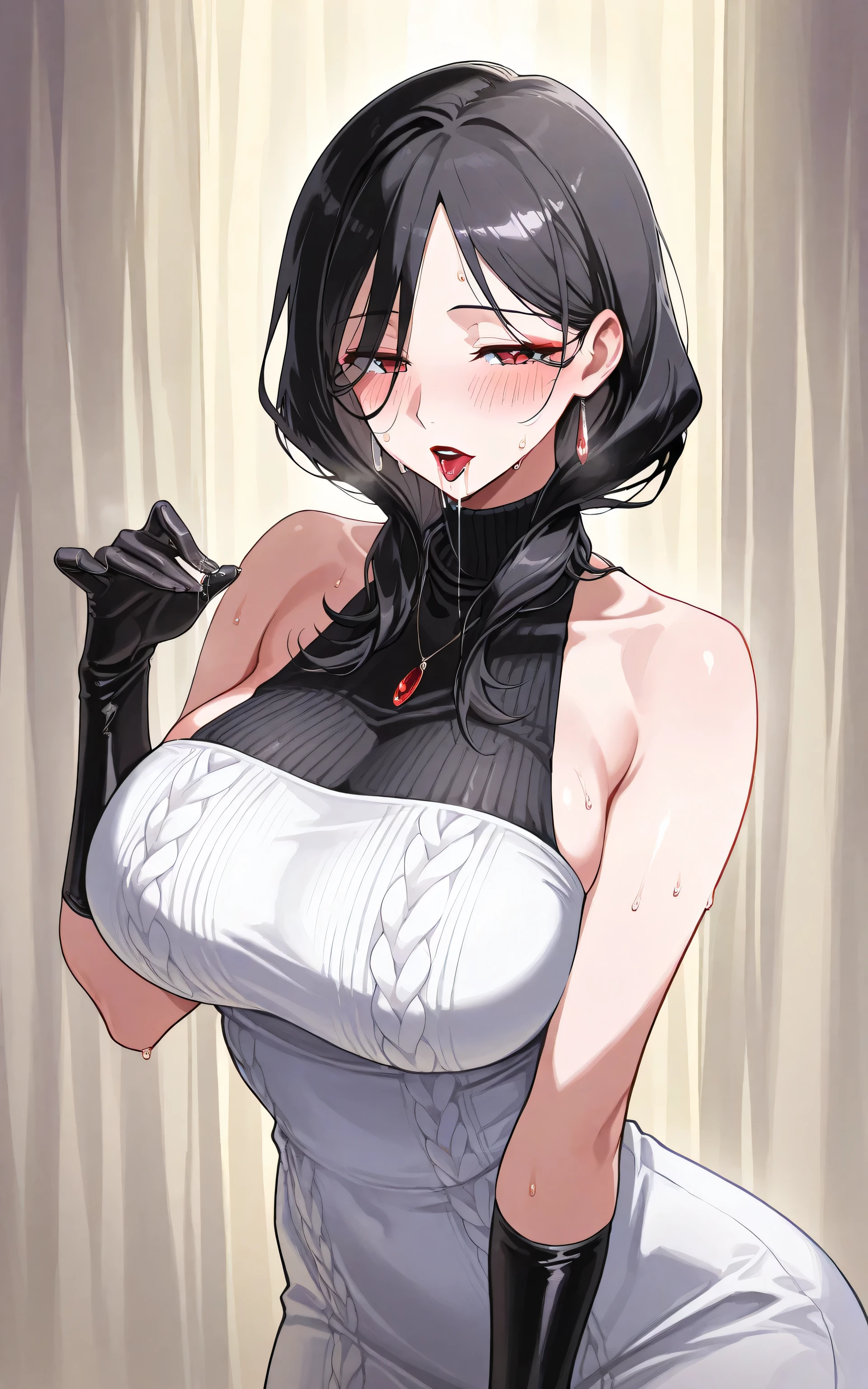 score_9, score_8_up , score_7_up , ASCII masterpiece, source_anime,solo, mature women with erections,anatomically accurate,perfect face,beautiful, Well-formed eyes,red lipstick,beautiful肌,(( )),black turtleneck knit dress from the front,バストup バスト ブロンド,split bangs,with bangs, medium hair, hair fluttering on one side,( wavy hair with a graceful expression:0.7),lower ponytail、blush、Satin Gloves、sleeveless at the beach、fellatio pose getting facial shot、Saliva、sweat