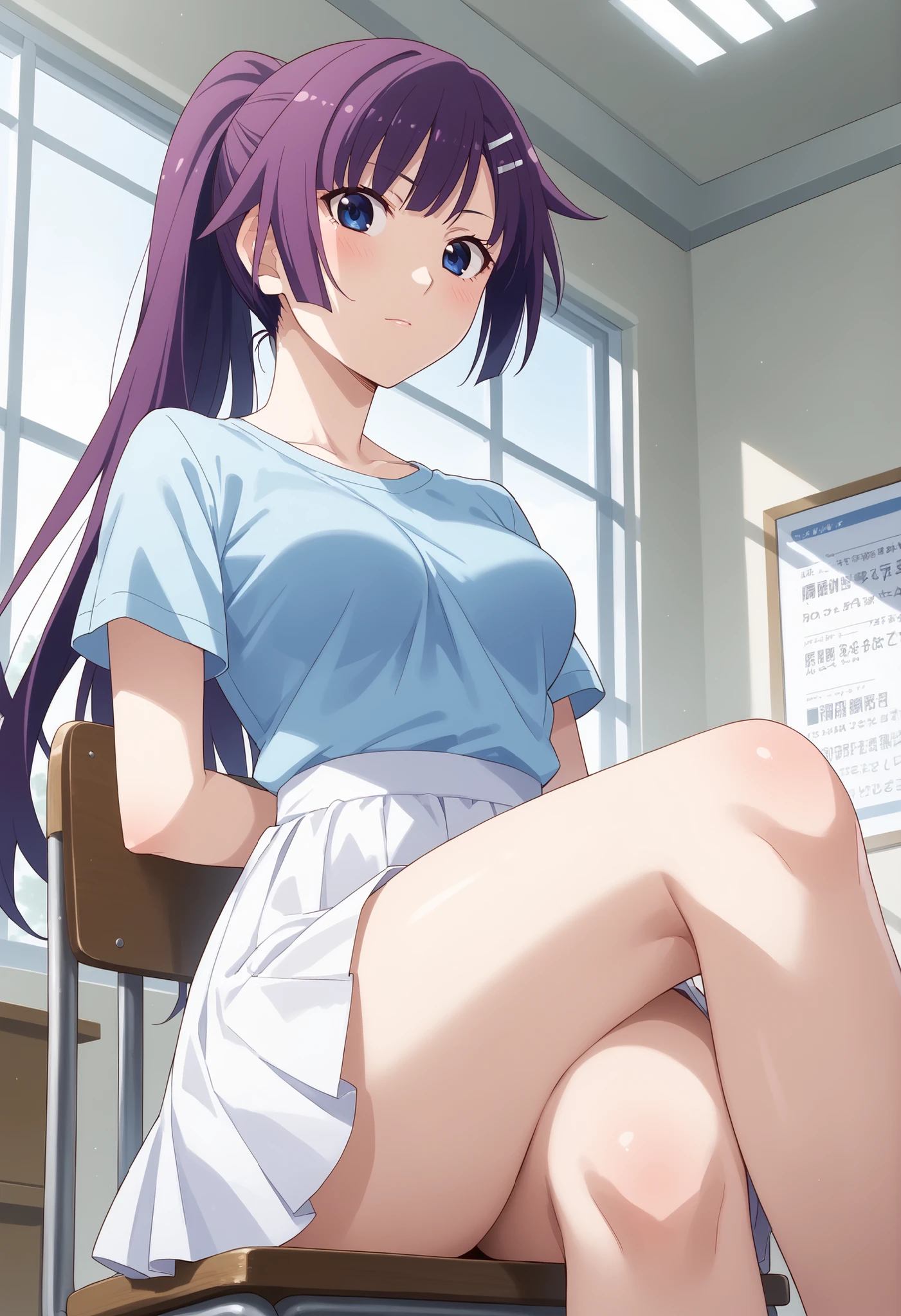 (((Ｍaster Peace))),(((High Quality))),(((Hitagi Senjougahara))),white skirt,light blue t-shirt from brown top,medium breasts,room,(((Leg crossed))),chair in the left hand examination room,purple hair,low angle,ponytail,Ulchan-6500-v1.1, ( RAW photos :1.2), beautiful detailed, very detailed目 美しい目,beautiful eyes,Blue eyes,FILE SIZE IS LARGE, high resolution, very detailed, Highest Quality, [masterpiece:1.6], Awareness-raising, very detailed, CG, finely, Highest Quality, 8K wallpaper, perfect figure,Dynamic,very detailed,Slim and beautiful thighs