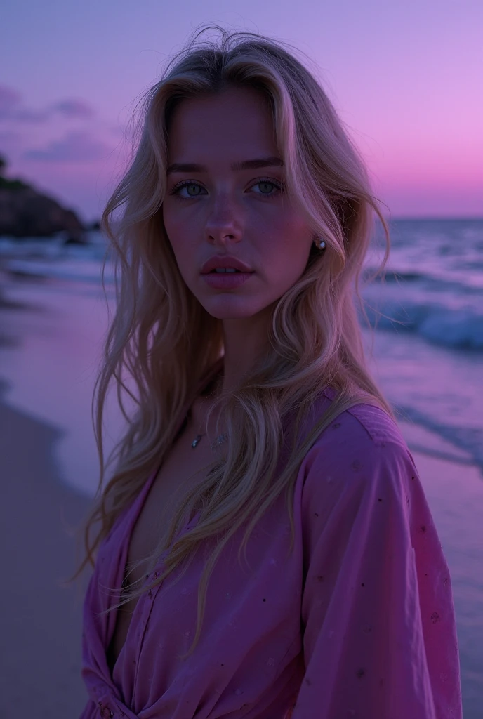 tan skin female with luminous green eyes nude lips wedding ring pink nails French manicure pink and white platinum long hair wearing a boohoo butterfly kimono on the water edge looking at a beautiful neon sunset the water blue and purple pool with hydrographic sparkles sitting in the pool feeling the water with fingers posing in the water neon blue sky neon lily pads neon flowers with husband kissing his lios