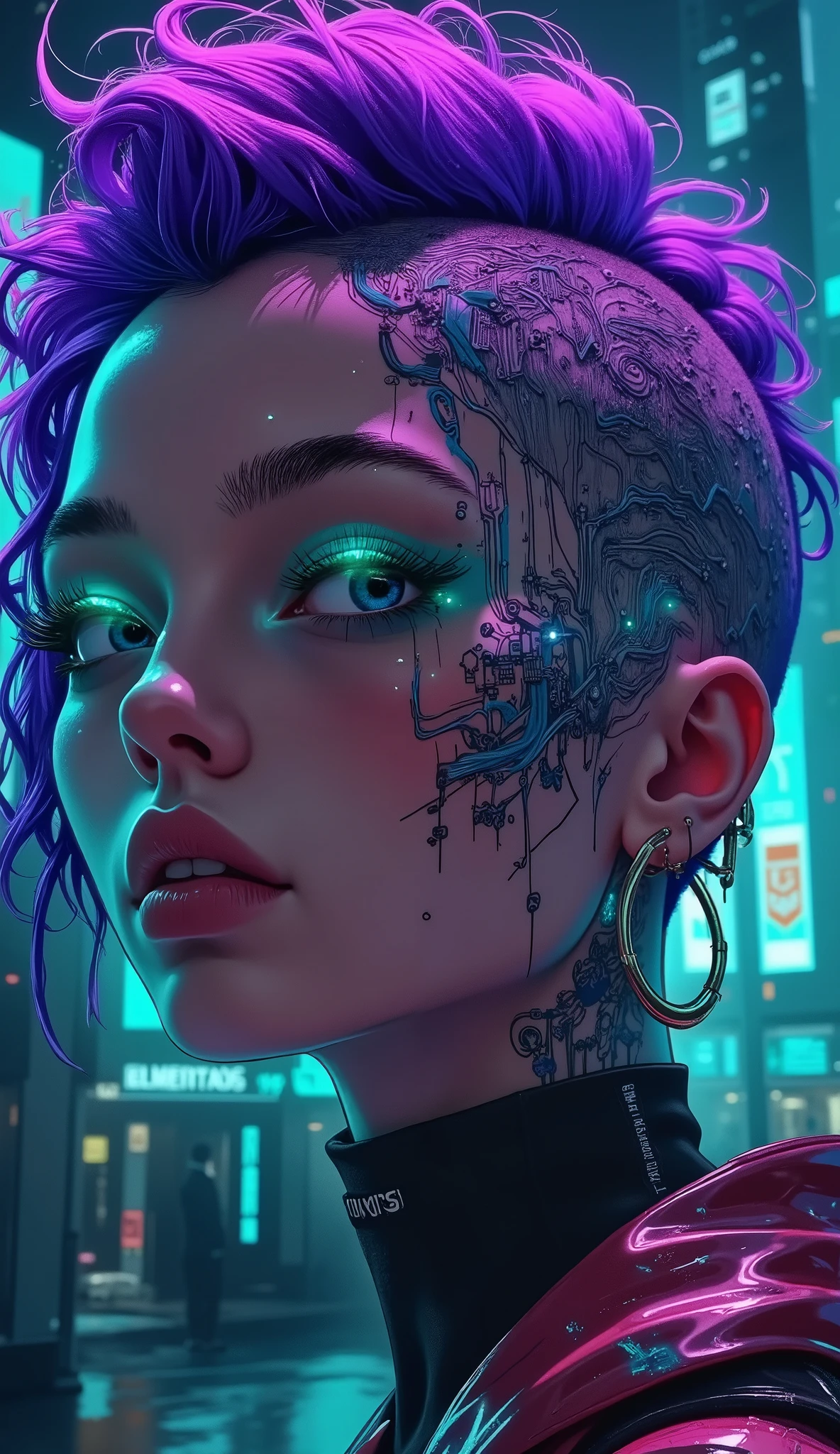 "Create a vibrant portrait of a young woman with strikingly dyed hair in vivid purple, neon pink, and electric turquoise. Shaved side of her head features an intricate tattoo design resembling an electronic circuit board with glowing neon blue and silver lines, microchips, and connectors. Futuristic urban environment with holographic neon lights reflecting off metallic accessories. Style: hyper-realistic digital art, sharp details, neon accents, cyberpunk color palette. Lighting: dramatic shadows and vibrant neon glows. Mood: edgy and tech-forward. Background: sleek cityscape with holographic ads and glowing grid patterns."