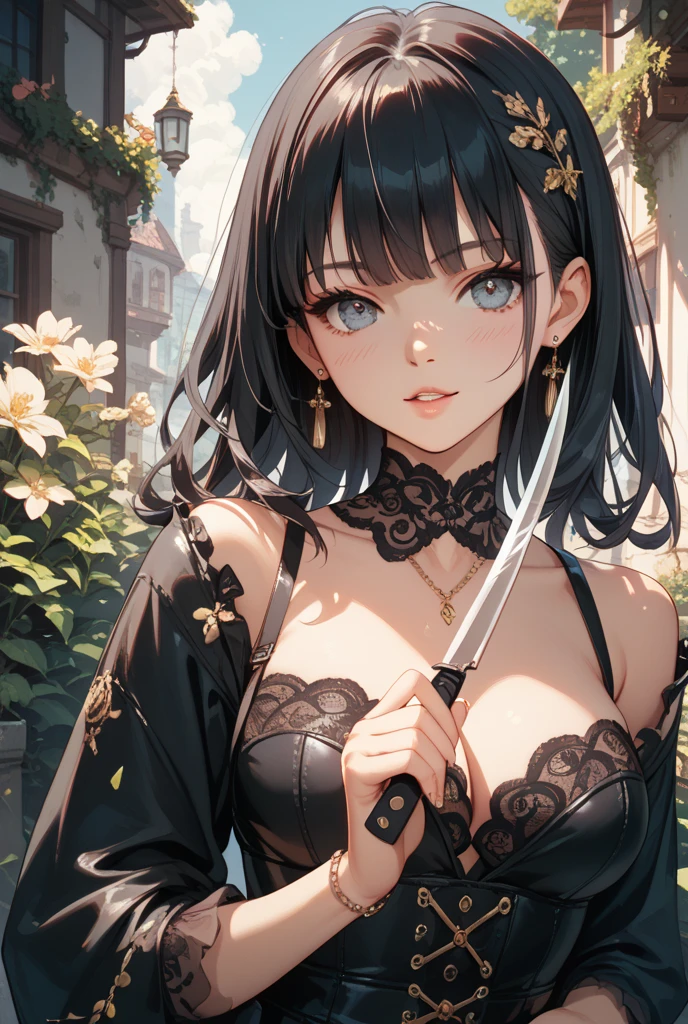 (from above:1.2),(from side:0.9), ((beautiful Face)), (Close-Up:1.1), ((looking at viewer)), highest quality、(real、photorealistic:1.4)、(RAW photo:1.2)、very detailed CG unity 8k wallpaper, delicate and beautiful, wonderful, Fine detail, official art, huge file size, Ultra-detailed, very detailed girl, very detailed eyes and face, Bright on the face、(20 age girl:1.0)、small smile, smiling, masterpiece, royal background, yor, 1girl, solo, looking at viewer, large breasts, red eyes, thighhighs, gloves, dress, holding, bare shoulders, jewelry, standing, weapon, flower, sidelocks, hairband, earrings, boots, black gloves, black thighhighs, hair flower, fingerless gloves, holding weapon, black dress, zettai ryouiki, thigh boots, knife, dual wielding, holding knife, dagger, lamppost, two-sided fabric, holding dagger, gold hairband, two-sided dress, indoors, (masterpiece:1.2), best quality, high resolution, unity 8k wallpaper, (illustration:1.4), (beautiful detailed eyes:1.6), extremely detailed face, perfect lighting, extremely detailed CG, (perfect hands, perfect ???????),