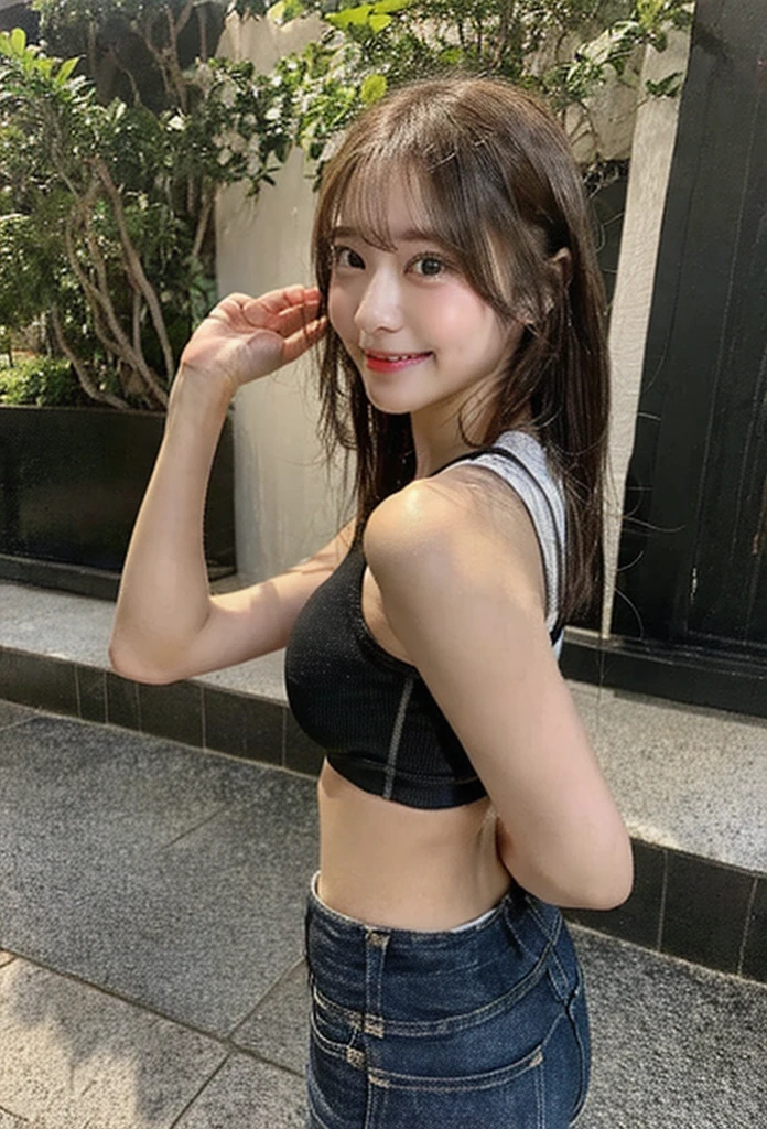 Photo of an Japanese woman in a black cropped top and blue jeans, posing outside a sports complex at night. She has a ponytail hairstyle, a cute face, a slim waist, and is wearing tight shorts with a high waist. --ar 3:4
