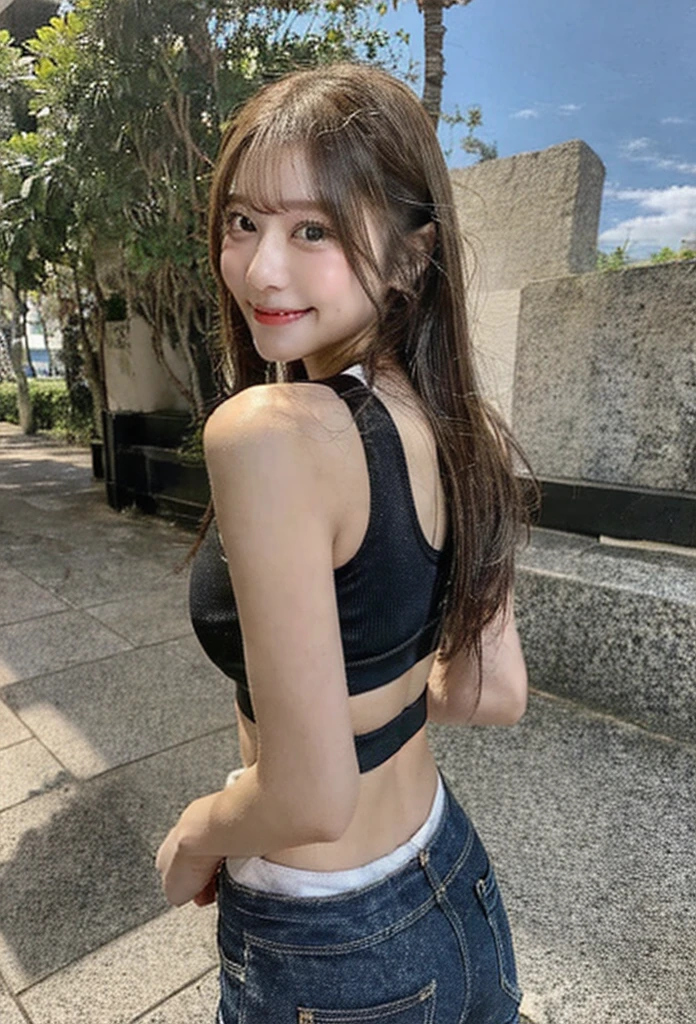 Photo of an Japanese woman in a black cropped top and blue jeans, posing outside a sports complex at night. She has a ponytail hairstyle, a cute face, a slim waist, and is wearing tight shorts with a high waist. --ar 3:4