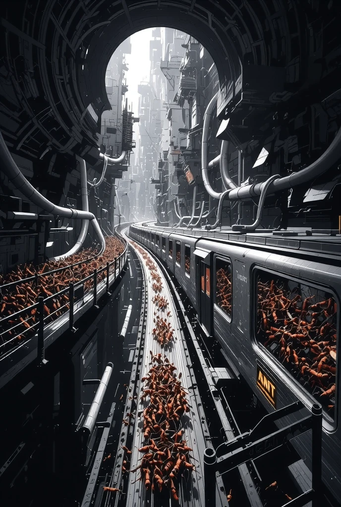 The subway that comes and goes through ant nests is filled with、RIDERSHIP RATE 120％ants, Detailed and complex ant nest structure, Three-dimensional subway network, Extremely small ants highlight a huge labyrinth,  A story that makes you flap your wings from a fixed concept, Dramatic lighting effects, Create a fascinating, vivid, and too absurd worldview hidden in the dark, 