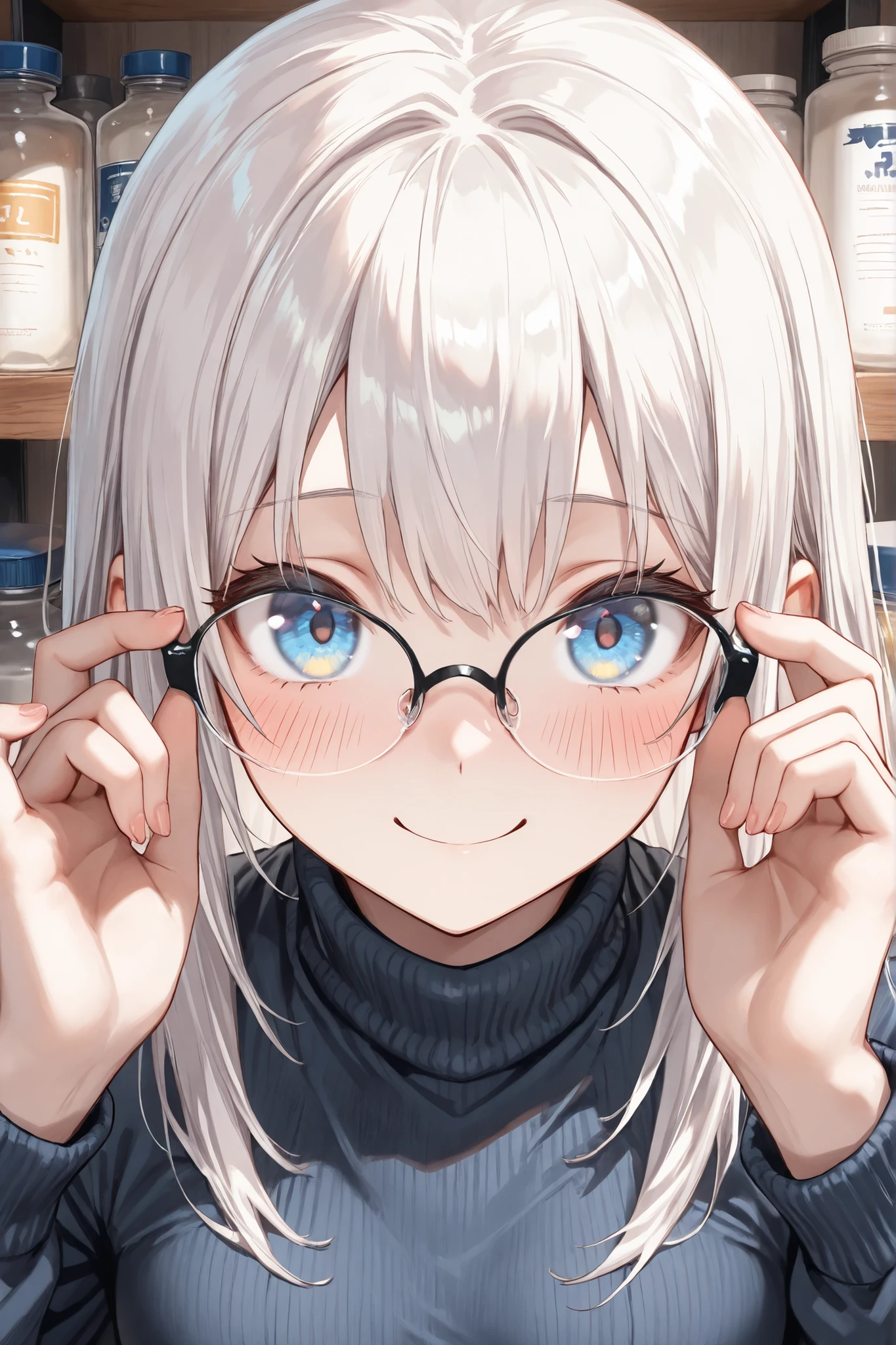 ((Masterpiece)),((best quality)),((incredibly absurdres)),((8K)),semi real,BREAK,
1 girl,solo,younger,kawaii,white hair,long hair,straight hair,blue eyes,small breasts,baby face,big eyes,BREAK,
(black eyewear),(over-rim) eyewear,navy blue turtleneck sweater,loose shirt,BREAK,
(blush),closed mouth,smile,looking at viewer,BREAK,
hands on eyewear,BREAK,
Shelves with glasses,glasses background,BREAK,
(close up),from front,straight-on,BREAK,