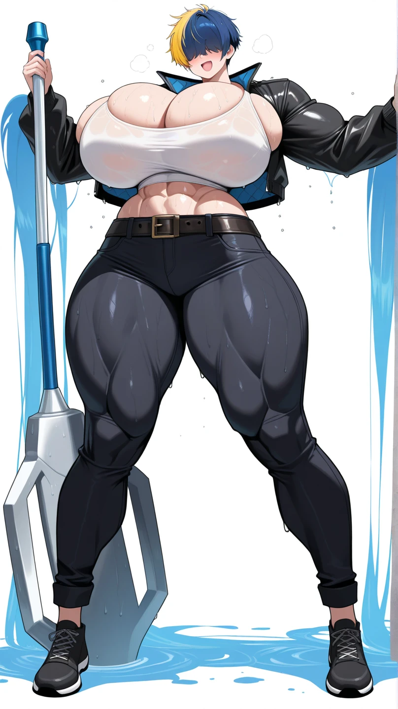 Black hair girl with a ponytail, standing looking at the ground with an air of superiority. She has small breasts and is wearing white leggings. muscular girl, naughty smile. detailded, beautiful face, blue colored eyes. bottom to top. crotch focus. Cunt scoring. Wet pussy. delicious.