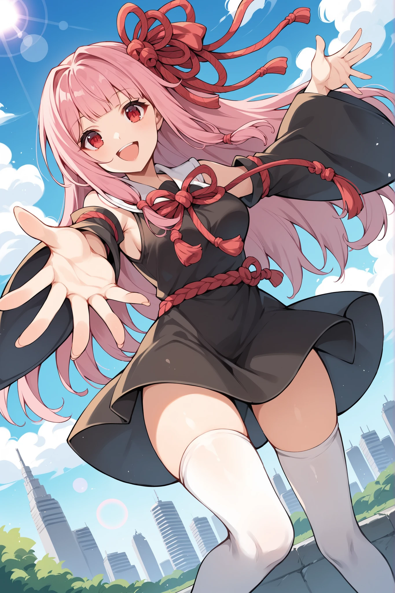 score_9, score_8_up, score_7_up, score_6_up, score_5_up, score_4_up, source_anime, rating_safe, BREAK kotonoha akane, 1girl, pink hair, long hair, blunt bangs, red eyes, medium breasts, hair ribbon, multicolored ribbon, black dress, collared dress, white sailor collar, detached sleeves, wide sleeves, red ribbon, black skirt, thighhighs, happy, smile, open hand, outstretched arms, dutch angle, looking at viewer, facing viewer, blus sky, cloud, sunlight, lens flare, cityscape