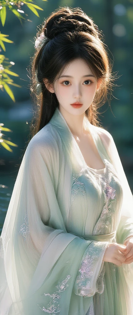 Ultra realistic, Intricate, Epic movie scene),1girl,hanfu,full body,(huge breasts:1.7), casting an otherworldly radiance on its surroundings,(Intricate, Lots of tiny details, amazing lighting, amazing setting),(Colorful, Ultra Realistic, High quality, Highly detailed, Sharp focus, 8K UHD, Ultra realism,(smile:0.3)